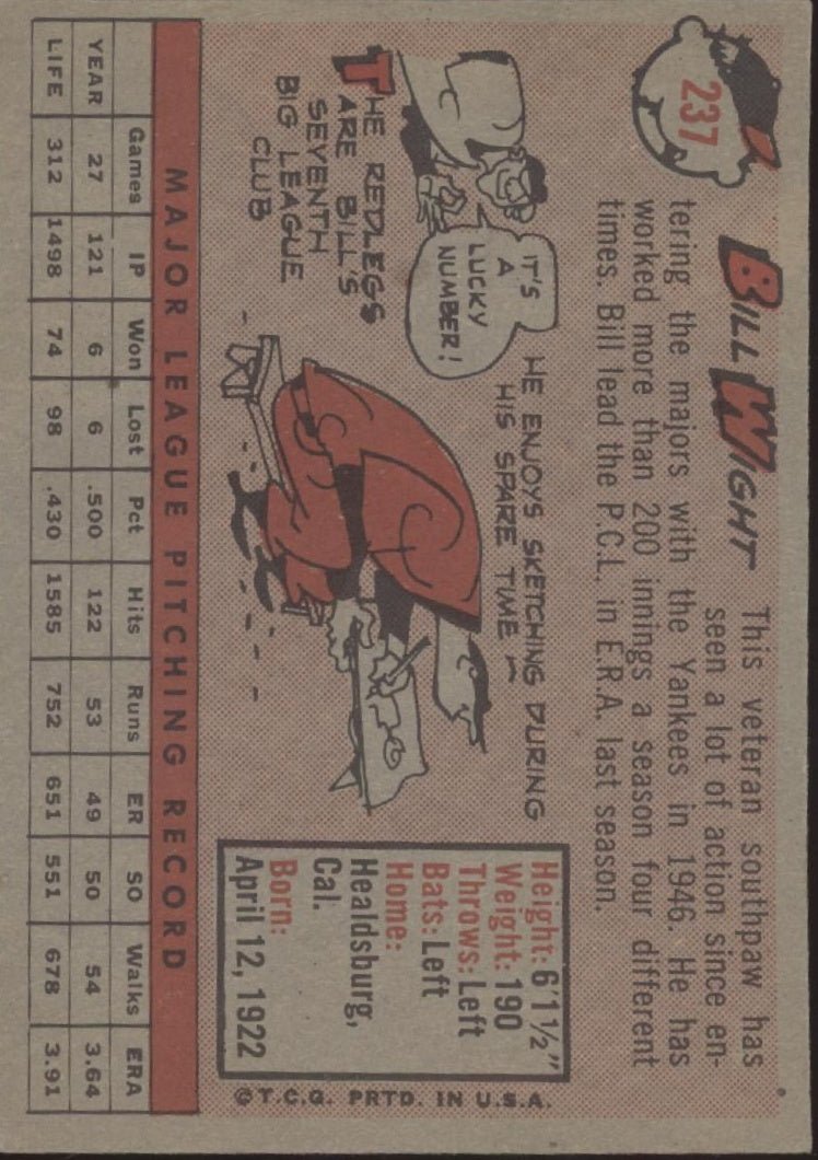 Bill Wight 1958 Topps #237 Cincinnati Redlegs EX - Collector Store LLC