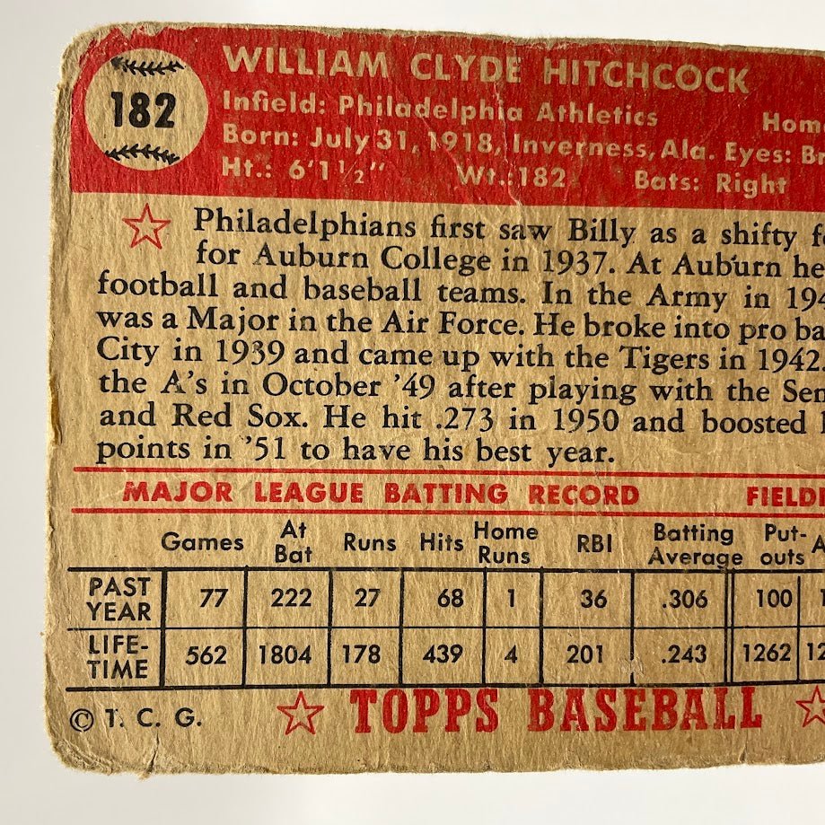 Billy Hitchcock 1952 Topps #182 Philadelphia Athletics PR - Collector Store LLC