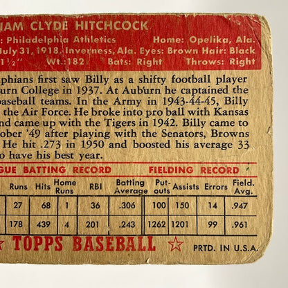 Billy Hitchcock 1952 Topps #182 Philadelphia Athletics PR - Collector Store LLC