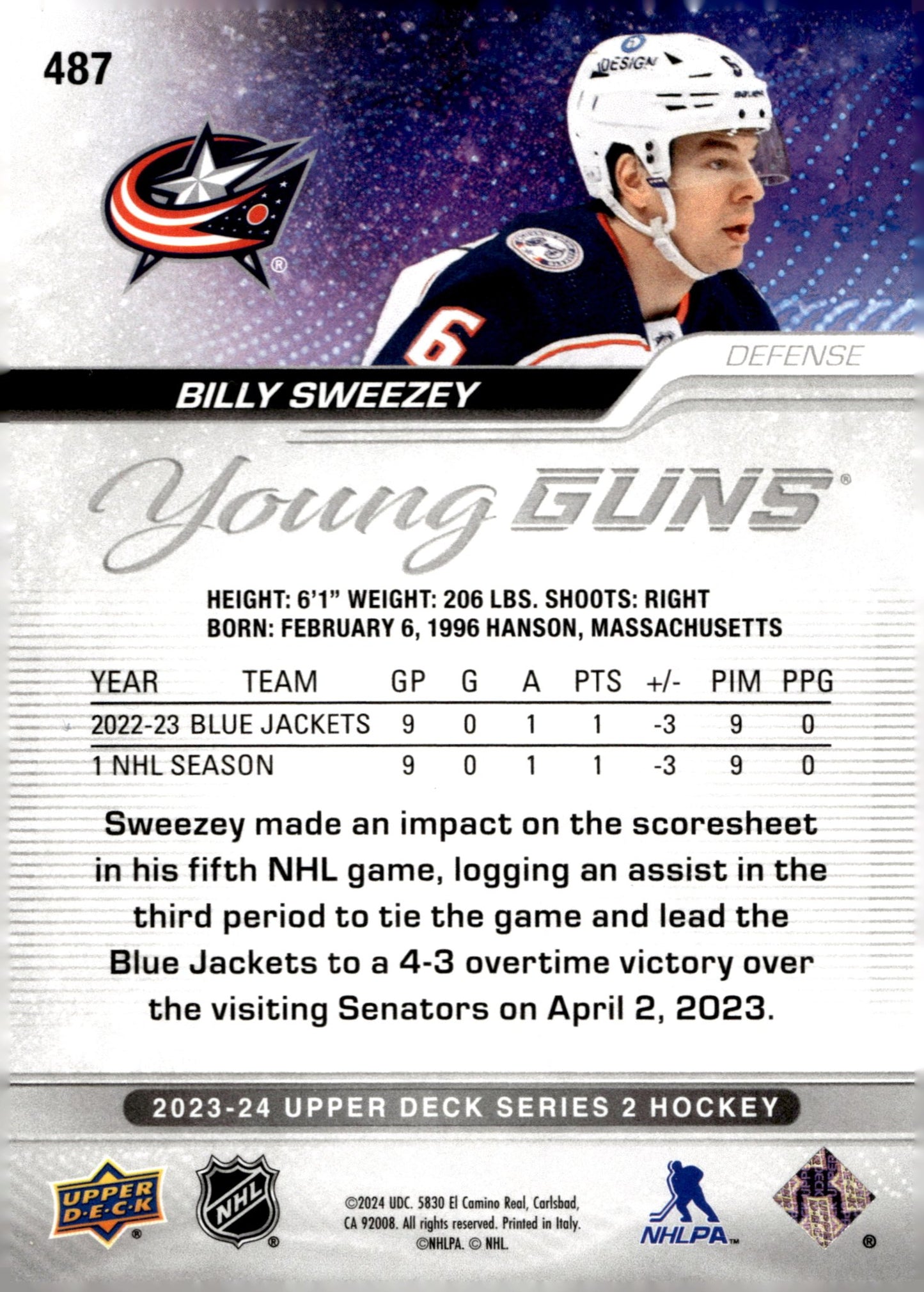 Billy Sweezey 2023 - 24 Upper Deck Series 2 Young Guns RC #487 - Collector Store LLC
