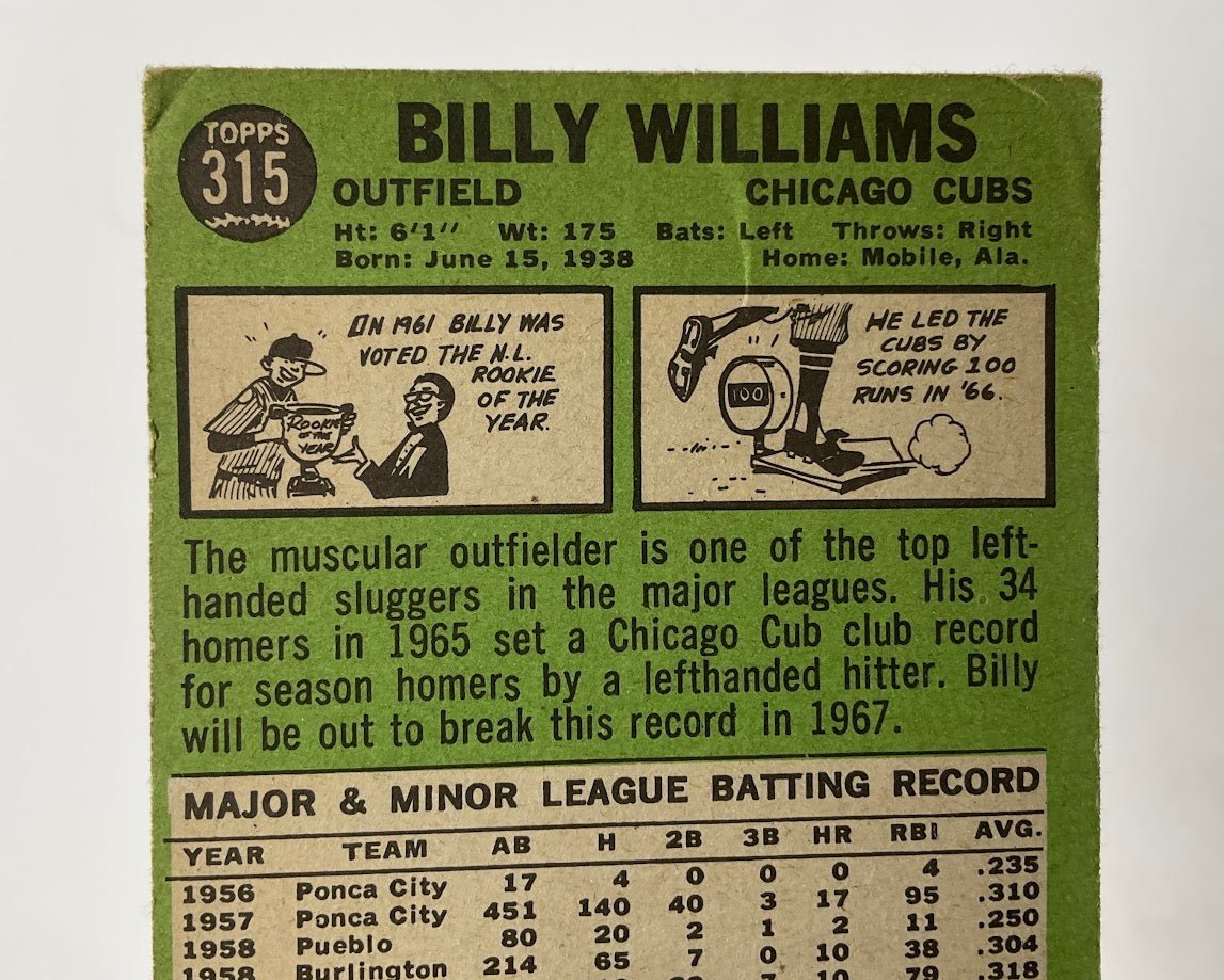 Billy Williams 1967 Topps #315 Chicago Cubs VG - Collector Store LLC