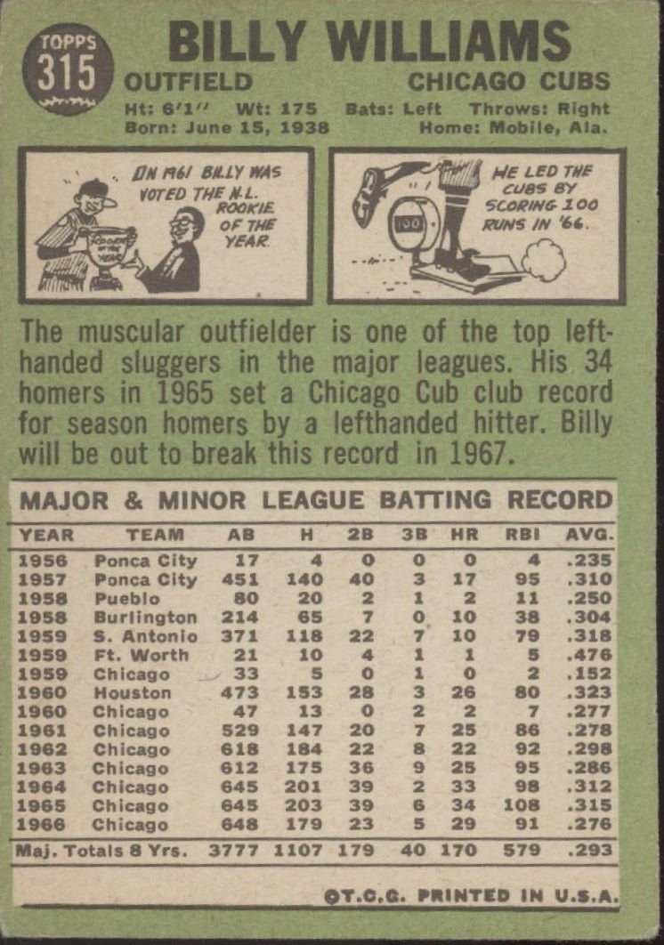 Billy Williams 1967 Topps #315 Chicago Cubs VG - Collector Store LLC