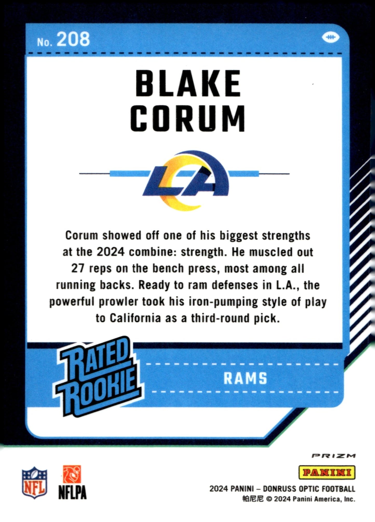 Blake Corum 2024 Panini Donruss Optic Pink Prizm RC 208 1 - Collector Store LLC