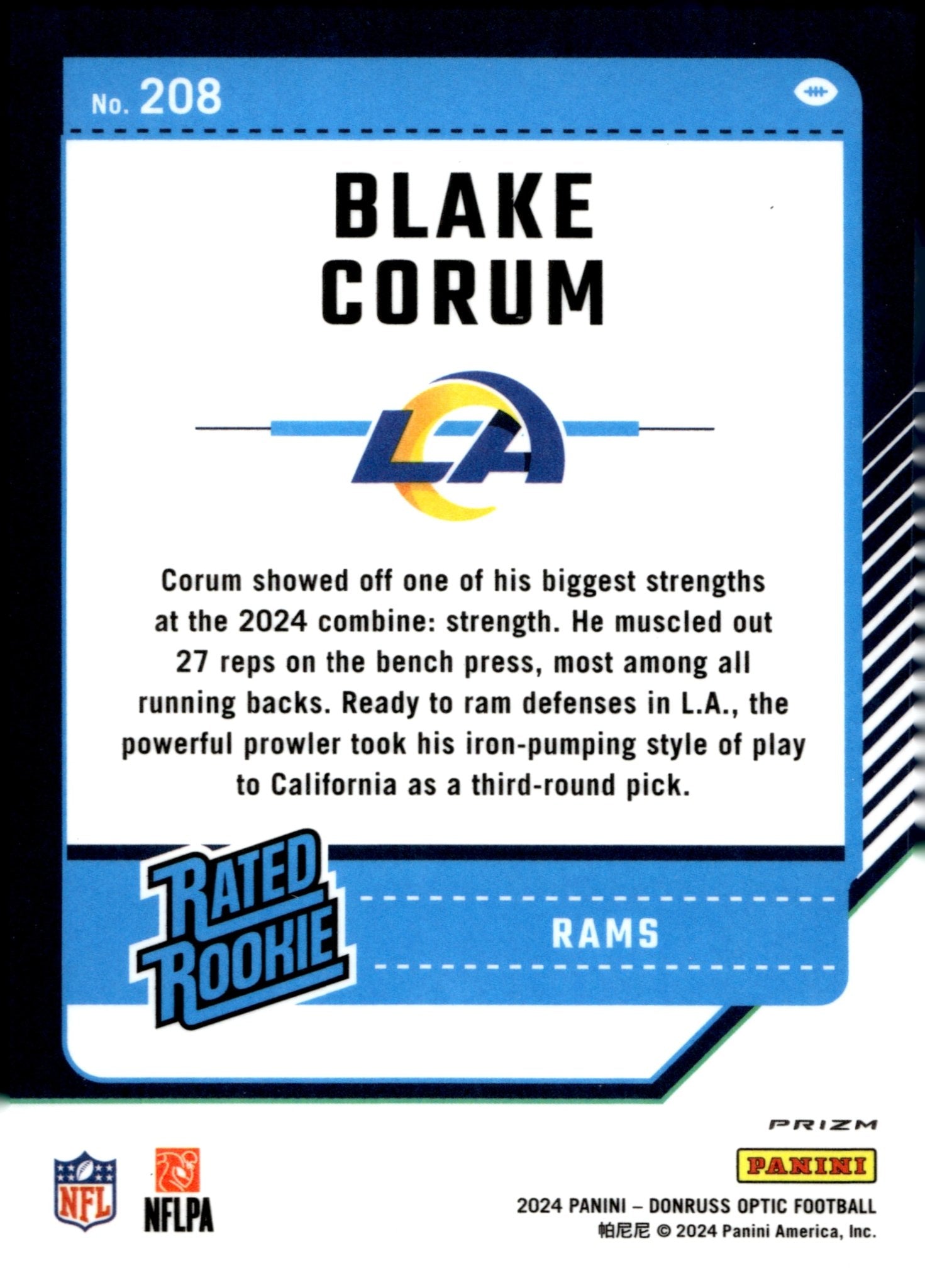 Blake Corum 2024 Panini Donruss Optic Pink Prizm RC 208 1 - Collector Store LLC