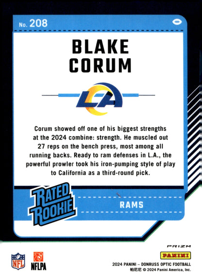 Blake Corum 2024 Panini Donruss Optic Pink Prizm RC 208 2 - Collector Store LLC