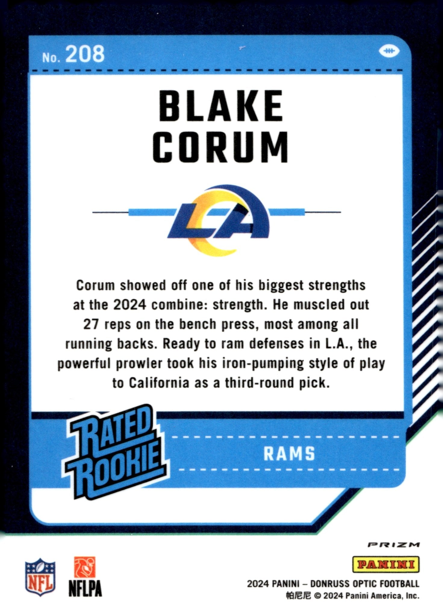 Blake Corum 2024 Panini Donruss Optic Prizm RC 208 - Collector Store LLC