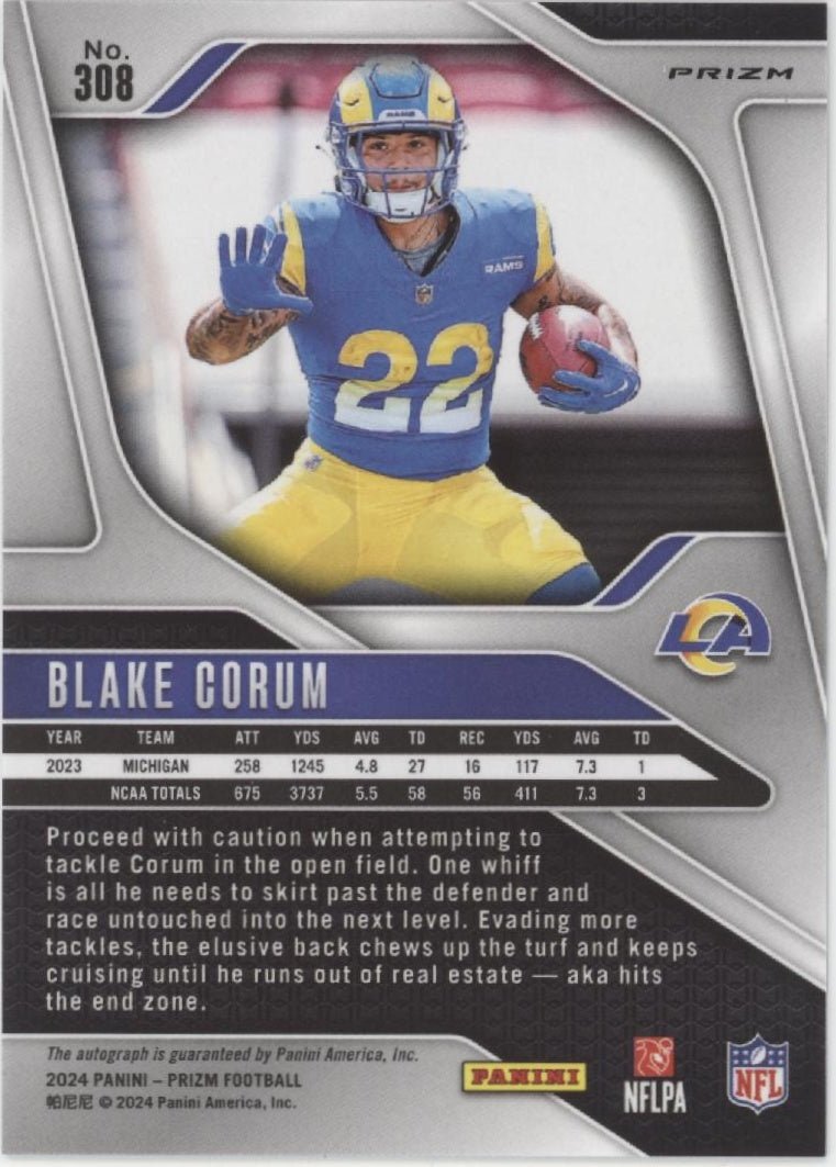 Blake Corum 2024 Panini Prizm Silver Prizm RC Auto #308 - Collector Store LLC