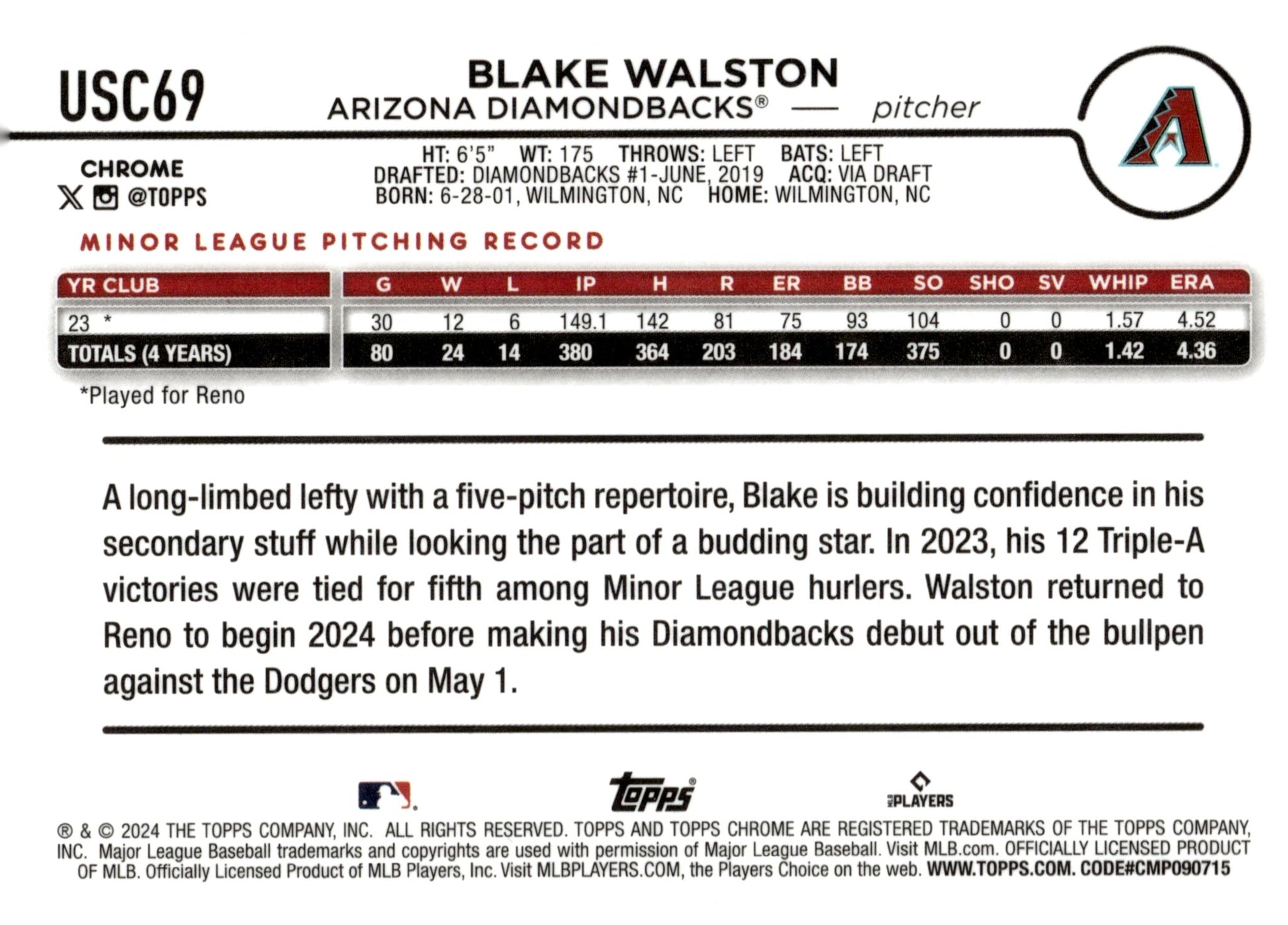 Blake Walston 2024 Topps Chrome Negative Refractor RC USC69 - Collector Store LLC