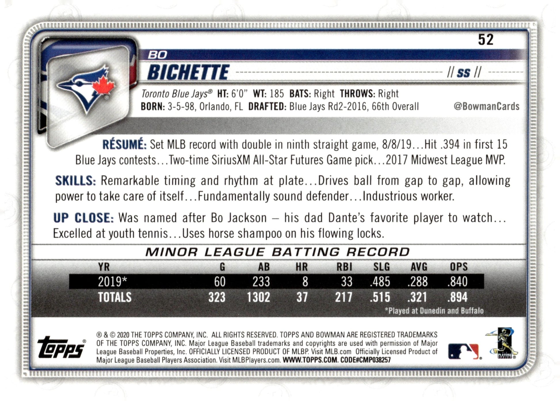Bo Bichette 2020 Bowman RC 52 - Collector Store LLC