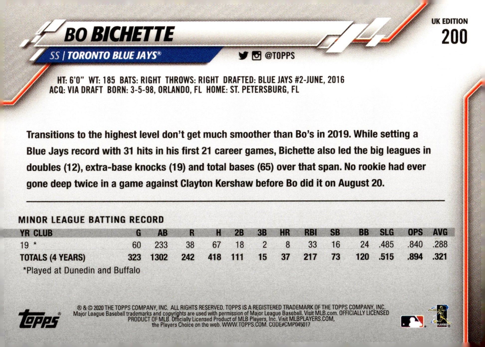 Bo Bichette 2020 Topps UK Edition RC #200 - Collector Store LLC