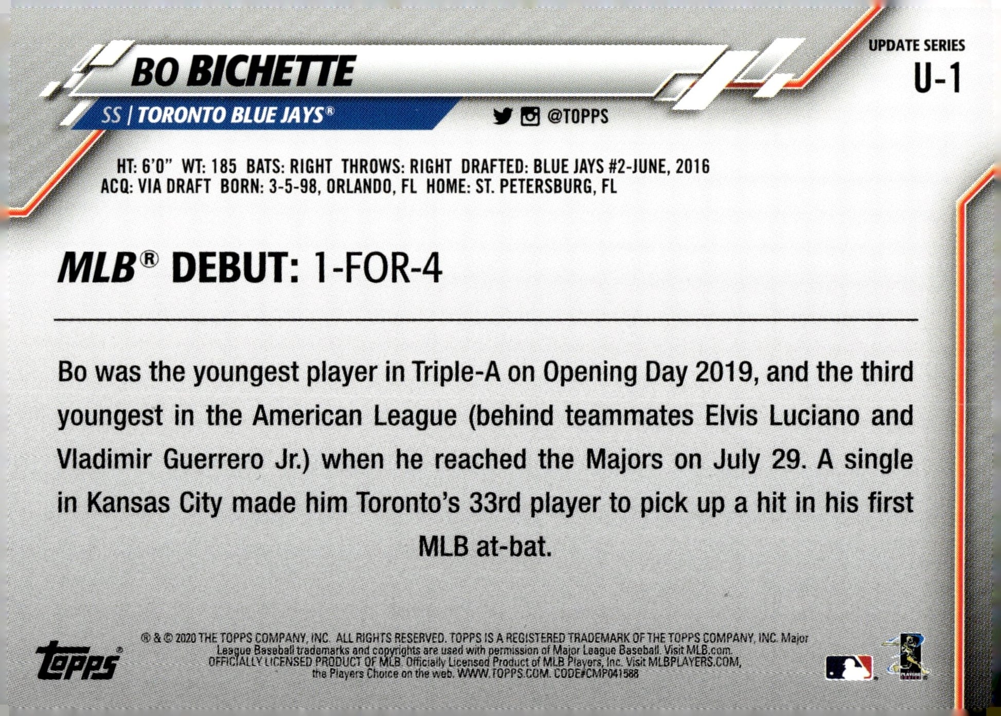 Bo Bichette 2020 Topps Update Series RC U - 1 - Collector Store LLC