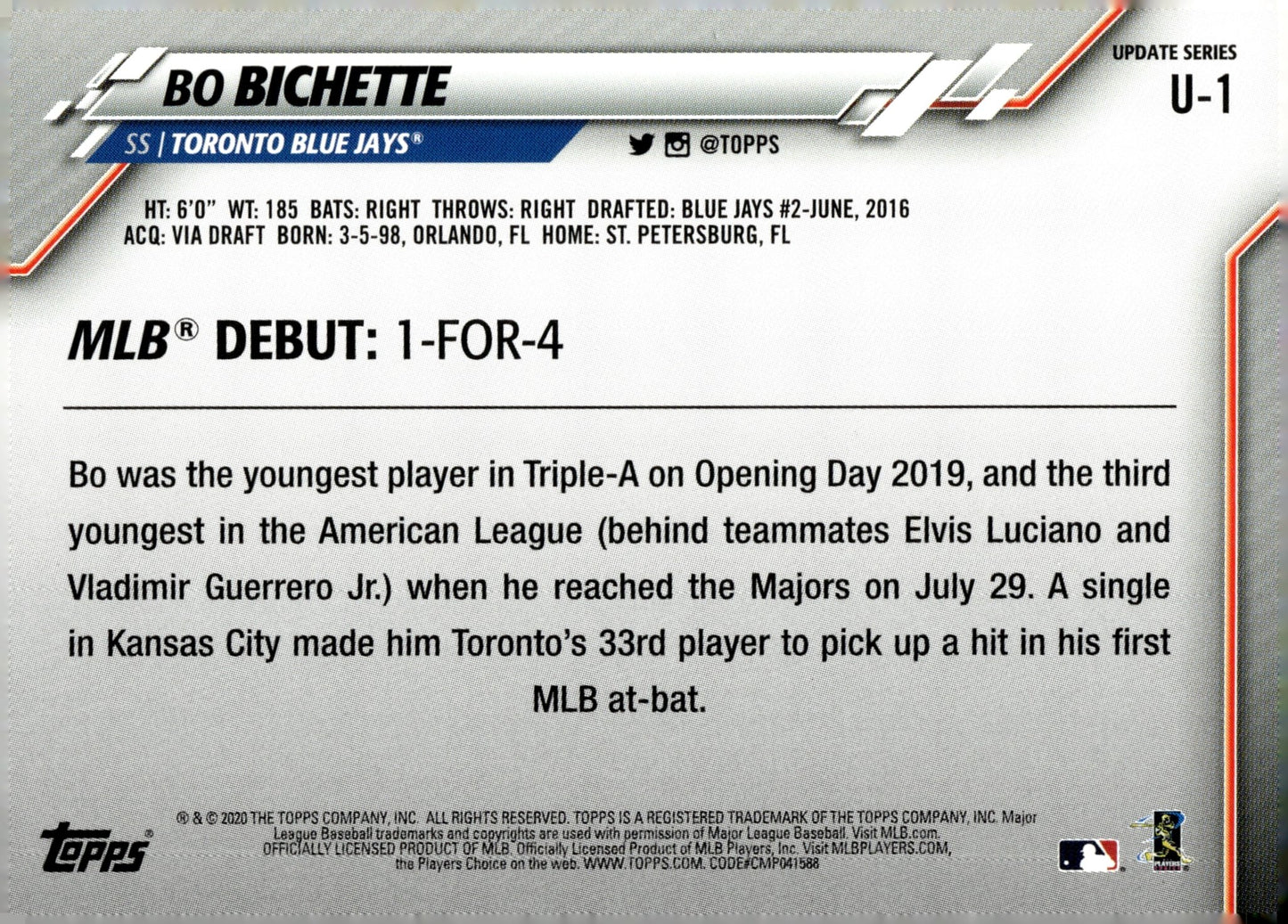 Bo Bichette 2020 Topps Update Series RC #U - 1 - Collector Store LLC