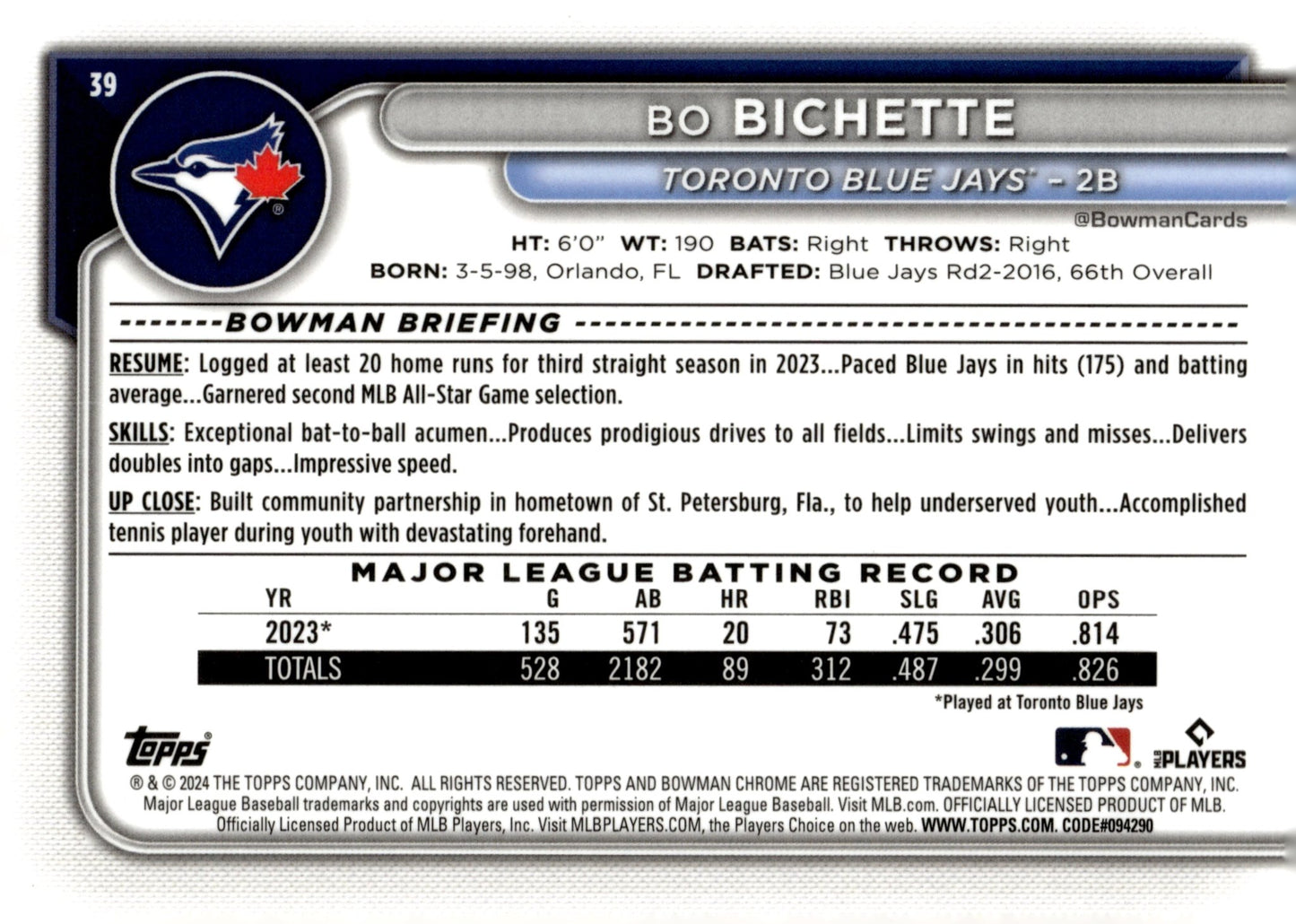 Bo Bichette 2024 Bowman Chrome Mojo Refractor 39 - Collector Store LLC