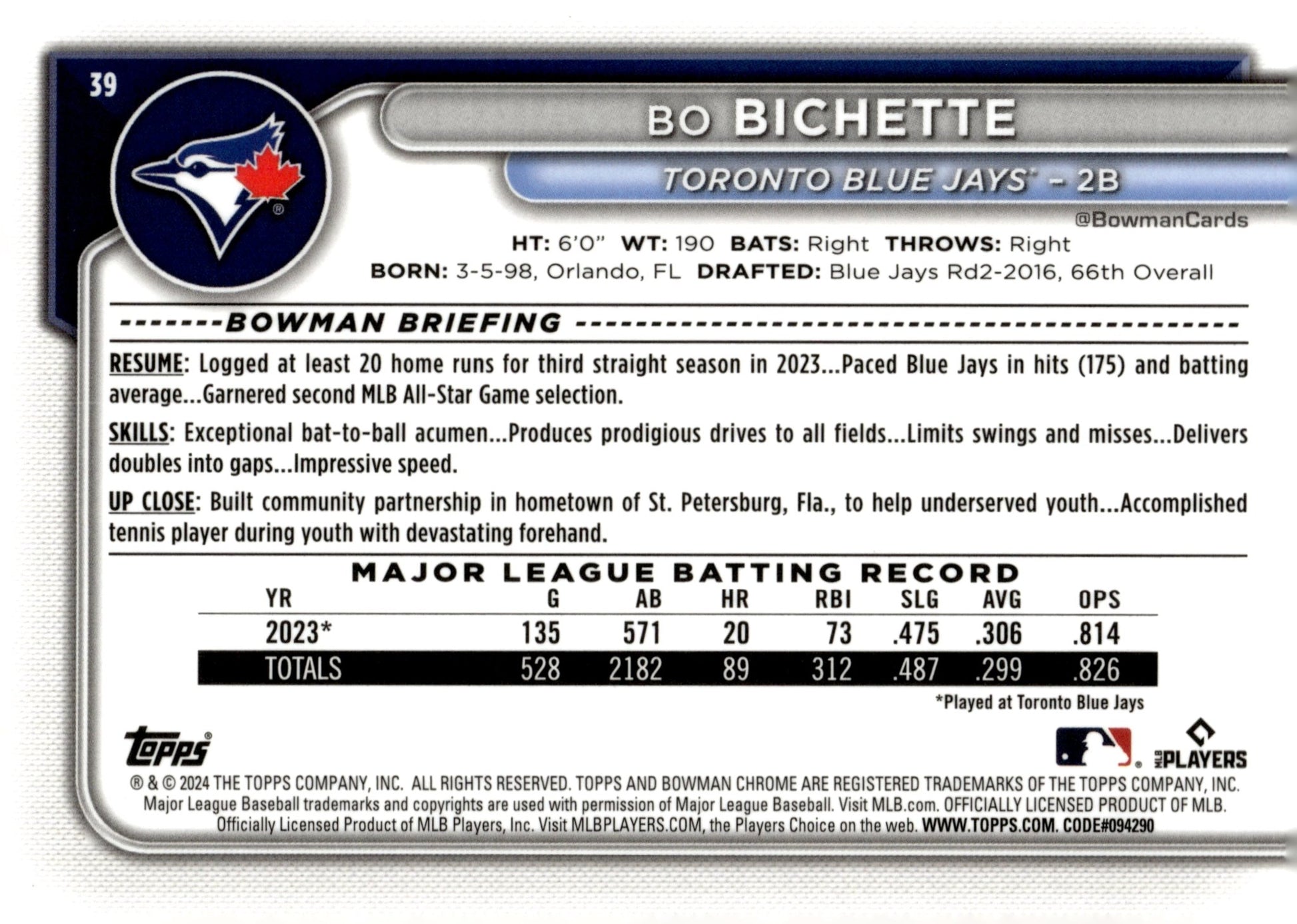 Bo Bichette 2024 Bowman Chrome Mojo Refractor 39 - Collector Store LLC