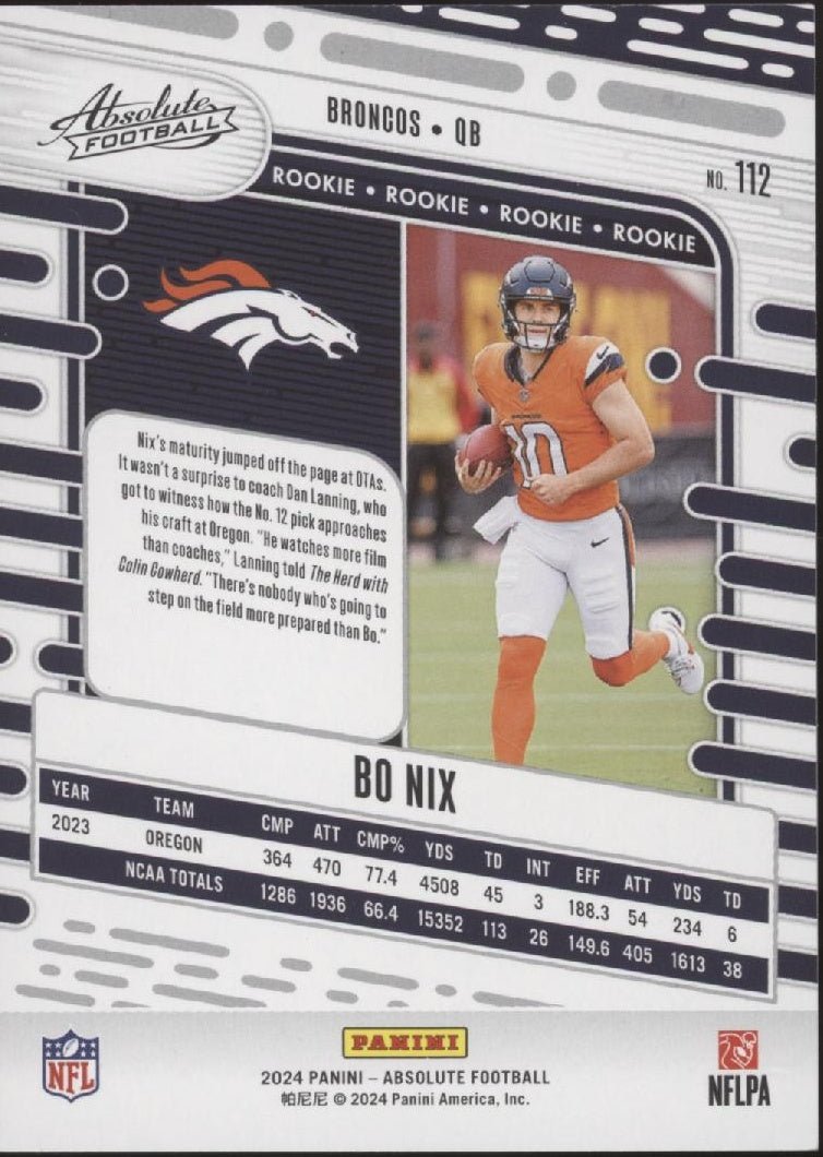 Bo Nix 2024 Panini Absolute RC #112 - Collector Store LLC