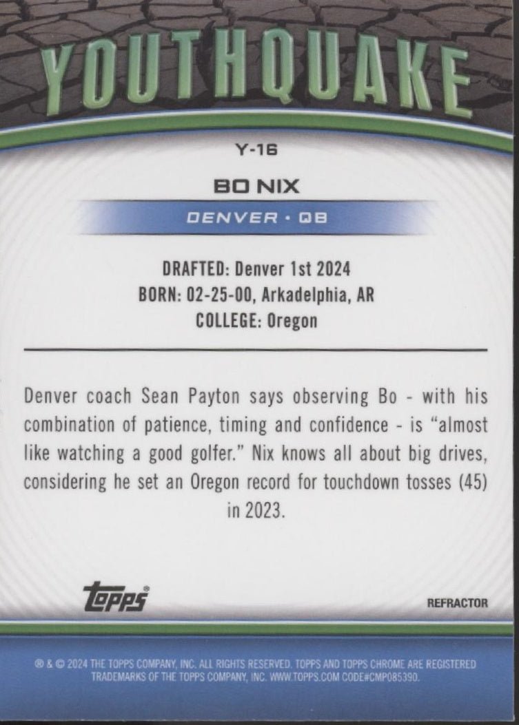 Bo Nix 2024 Topps Chrome Youthquake Refractor RC #Y - 16 - Collector Store LLC