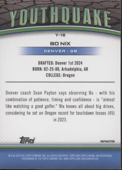 Bo Nix 2024 Topps Chrome Youthquake Refractor RC #Y - 16 - Collector Store LLC