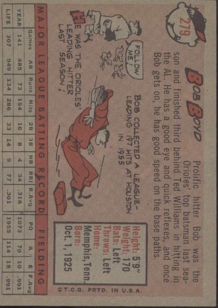 Bob Boyd 1958 Topps #279 Baltimore Orioles EX - Collector Store LLC