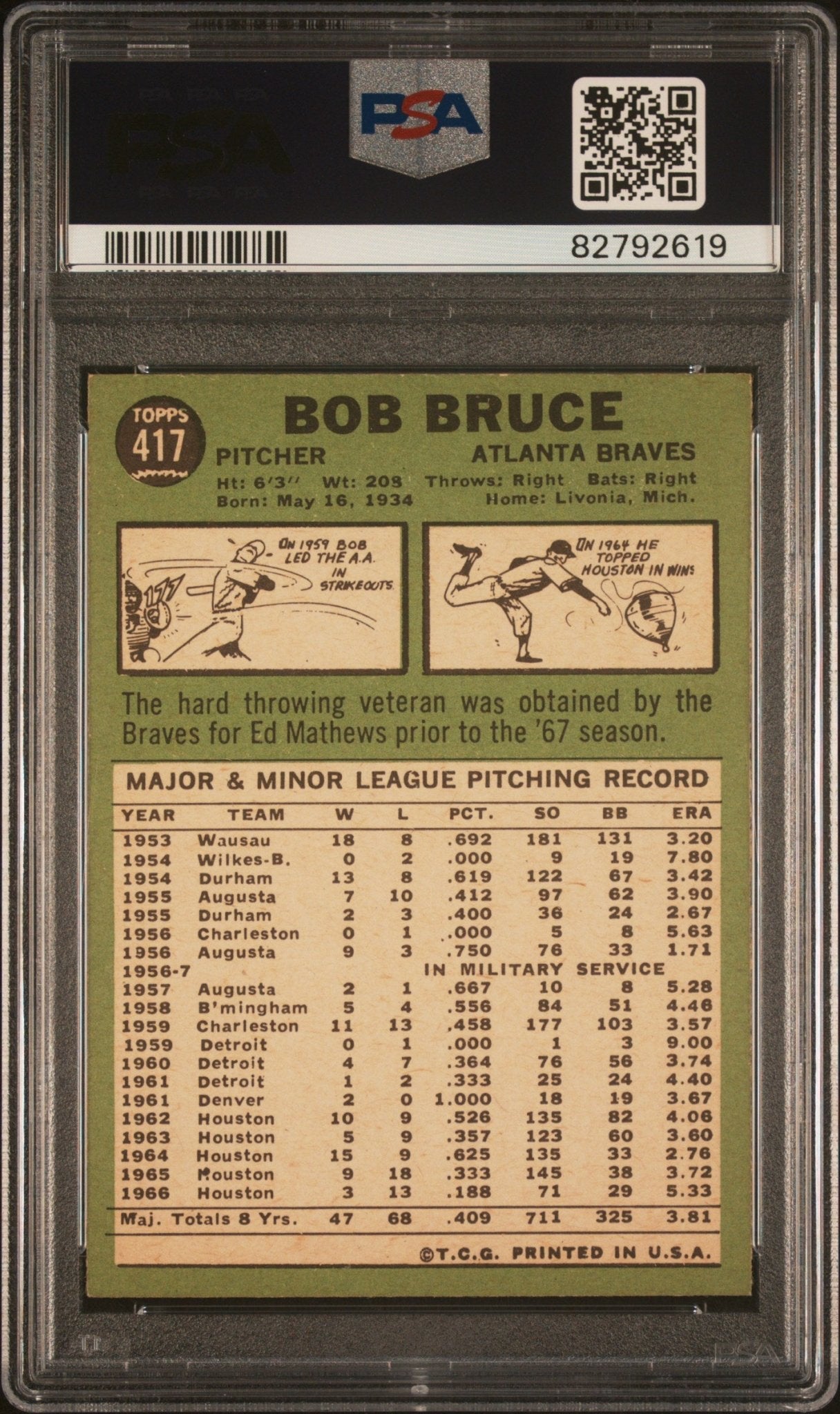 Bob Bruce 1967 Topps Correct Back #417 PSA 8 - Collector Store LLC