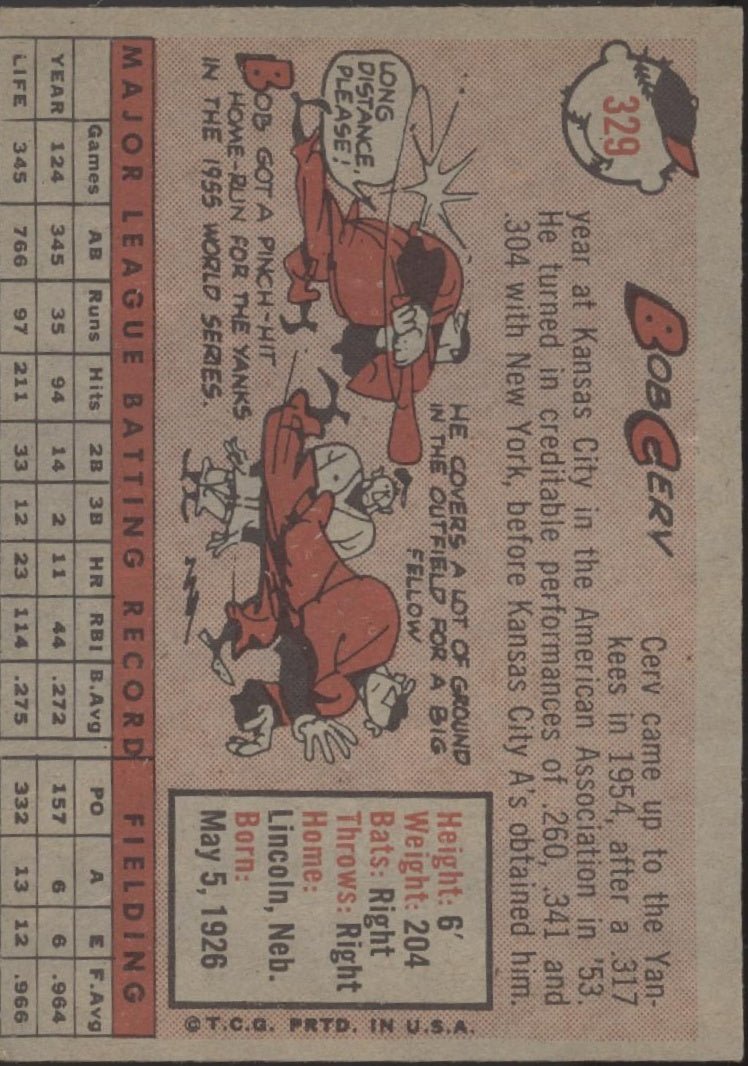 Bob Cerv 1958 Topps #329 Kansas City Athletics EX - Collector Store LLC
