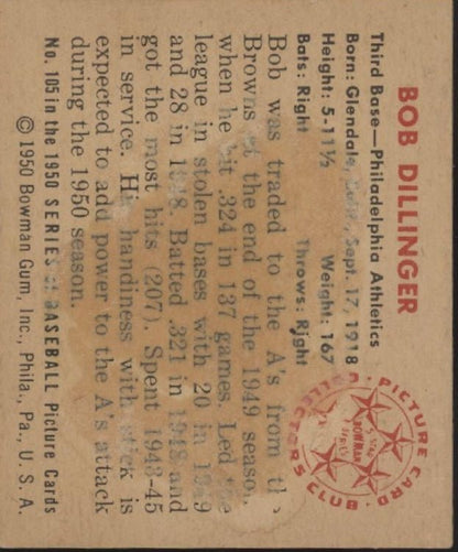 Bob Dillinger 1950 Bowman #105 Philadelphia Athletics VG - Collector Store LLC