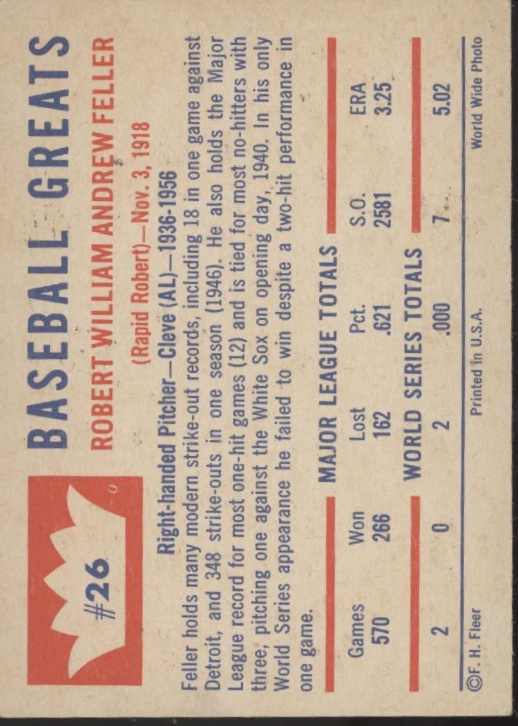 Bob Feller 1960 Fleer 26 Cleveland Indians VG - Collector Store LLC