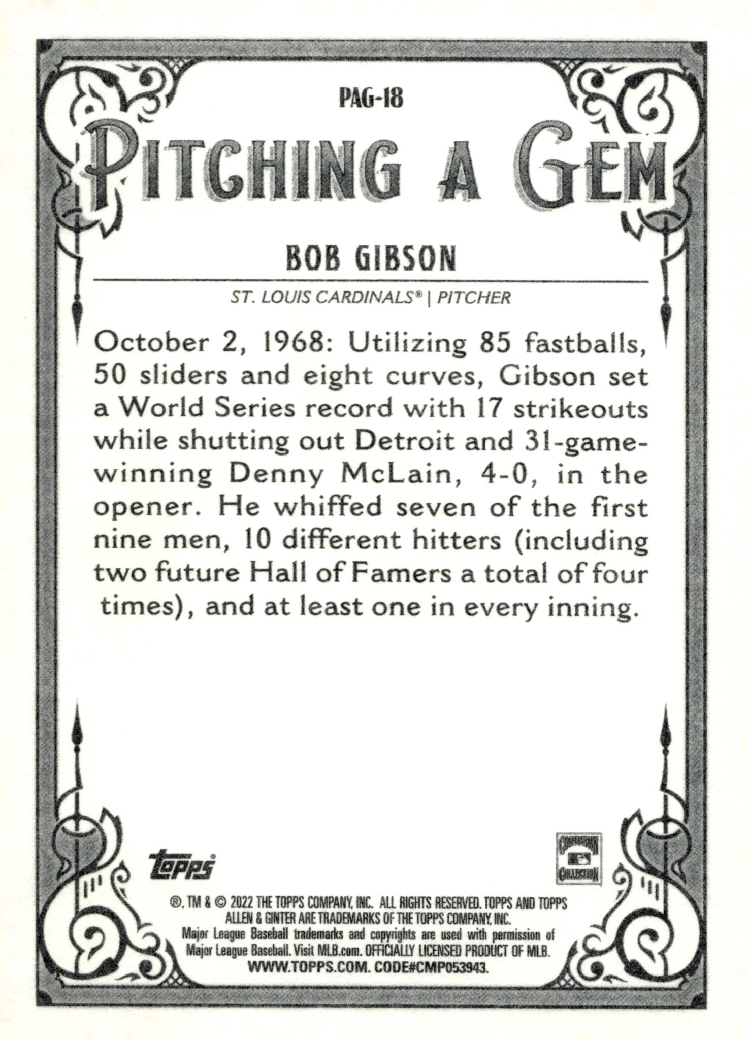 Bob Gibson 2022 Topps Allen & Ginter Pitching a Gem PAG - 18 - Collector Store LLC