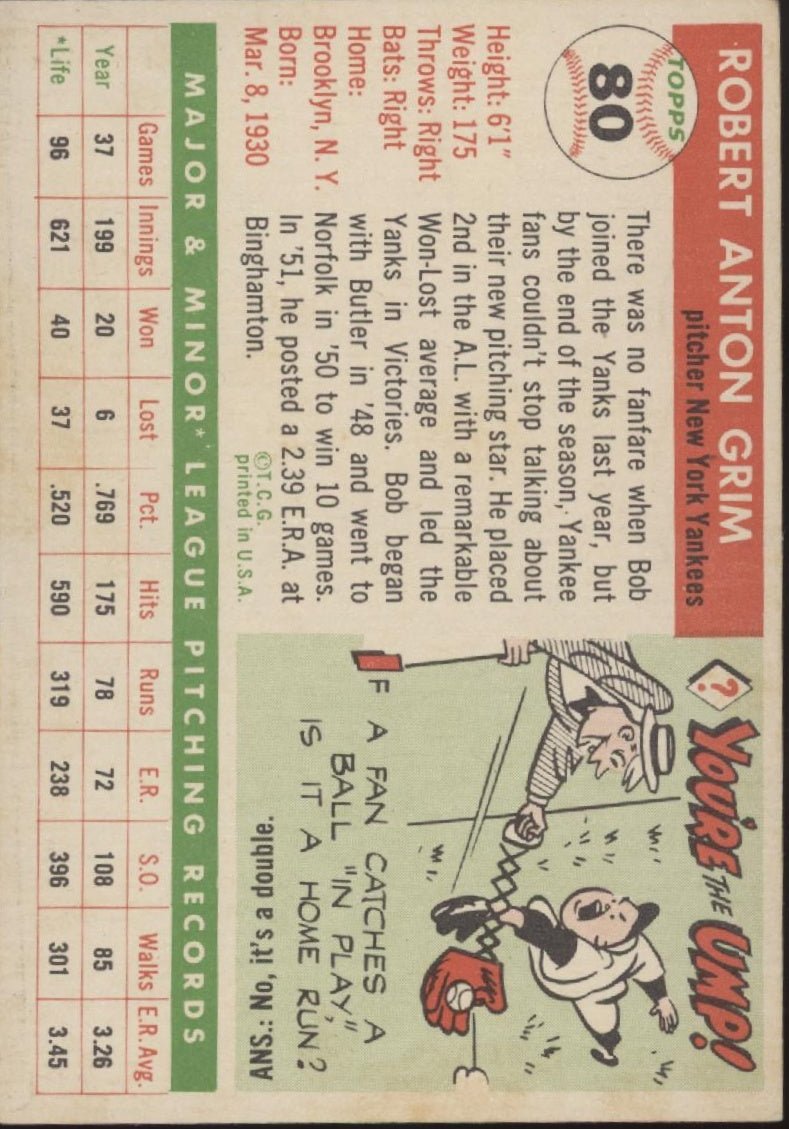 Bob Grim 1955 Topps RC 80 New York Yankees VG - EX - Collector Store LLC