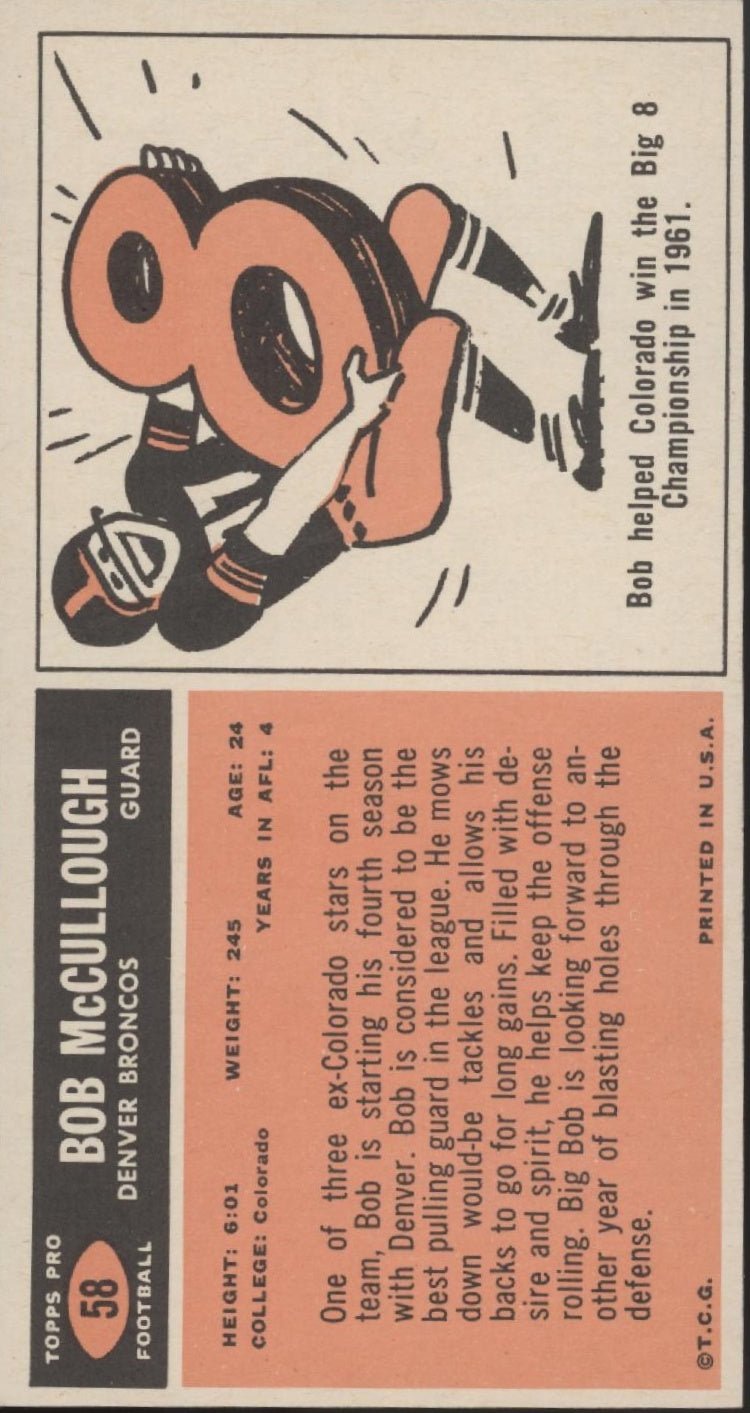 Bob McCullough 1965 Topps Oversized Denver Broncos VG - Collector Store LLC