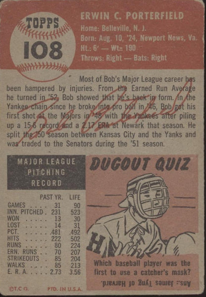 Bob Porterfield 1953 Topps #108 Washington Senators VG #1 - Collector Store LLC