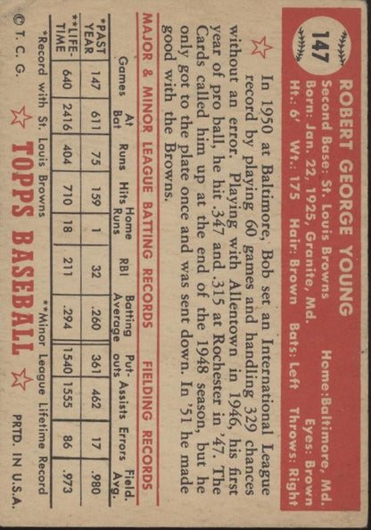 Bob Young 1952 Topps RC #147 St. Louis Browns VG - Collector Store LLC