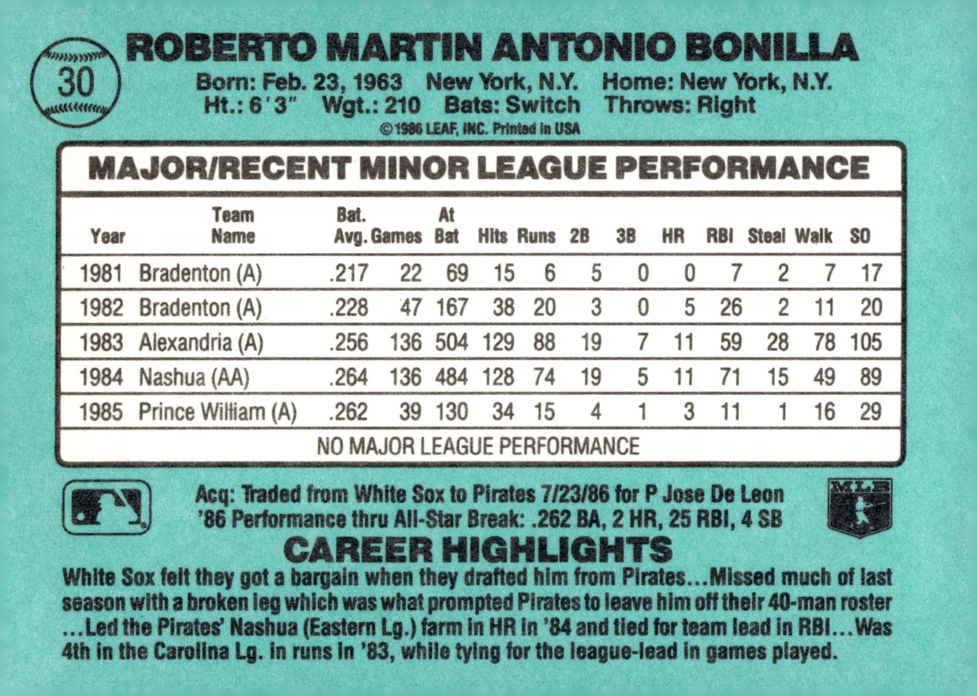 Bobby Bonilla 1986 Donruss The Rookies RC #30 - Collector Store LLC