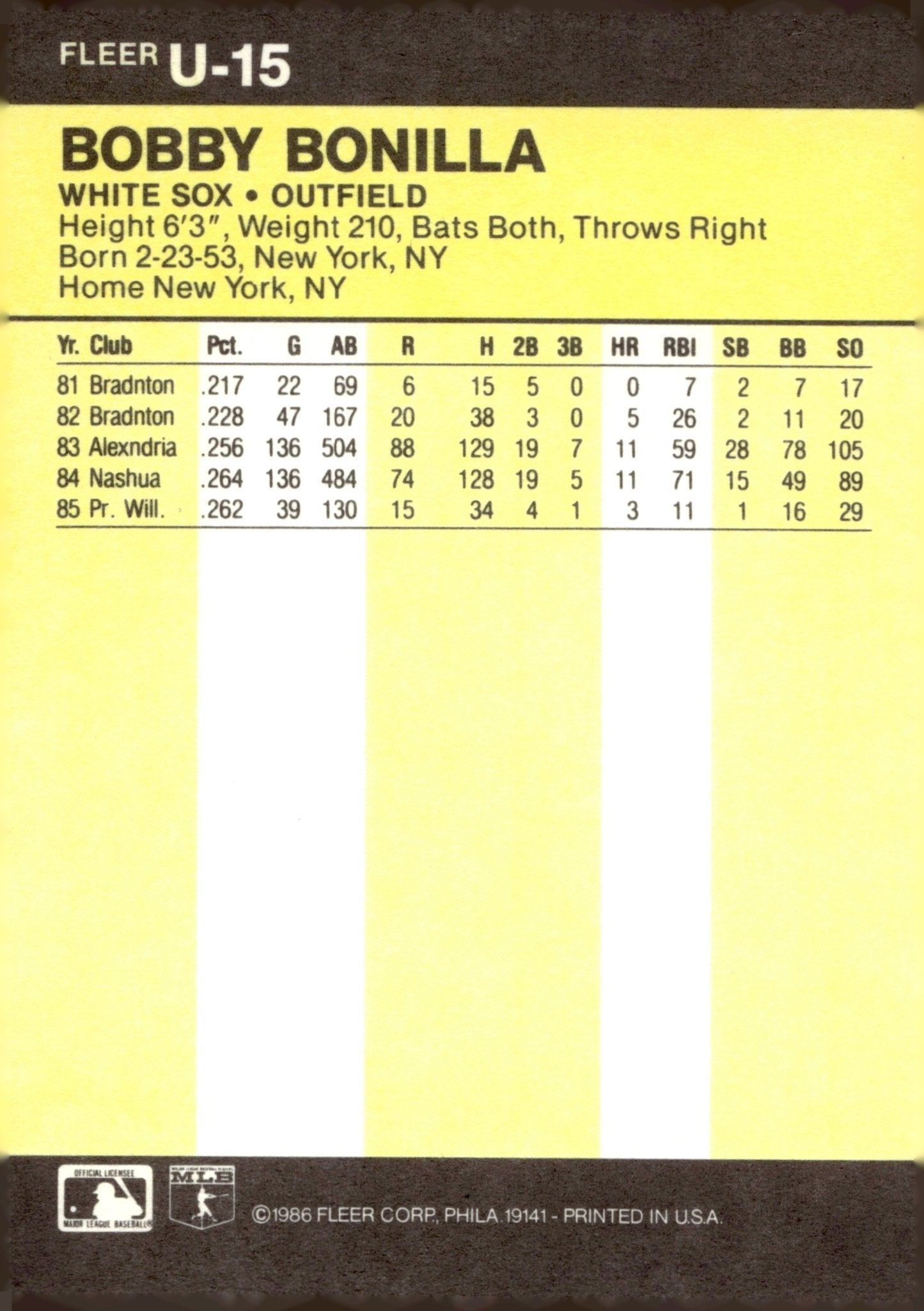 Bobby Bonilla 1986 Fleer Update RC #U - 15 - Collector Store LLC