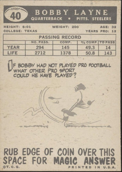 Bobby Layne 1959 Topps #40 Pittsburgh Steelers VG - EX - Collector Store LLC