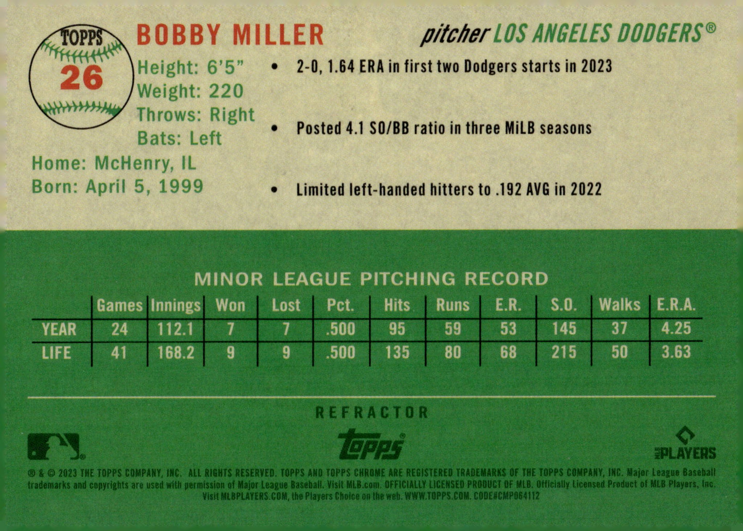 Bobby Miller 2023 Topps Chrome Platinum Refractor RC 26 - Collector Store LLC