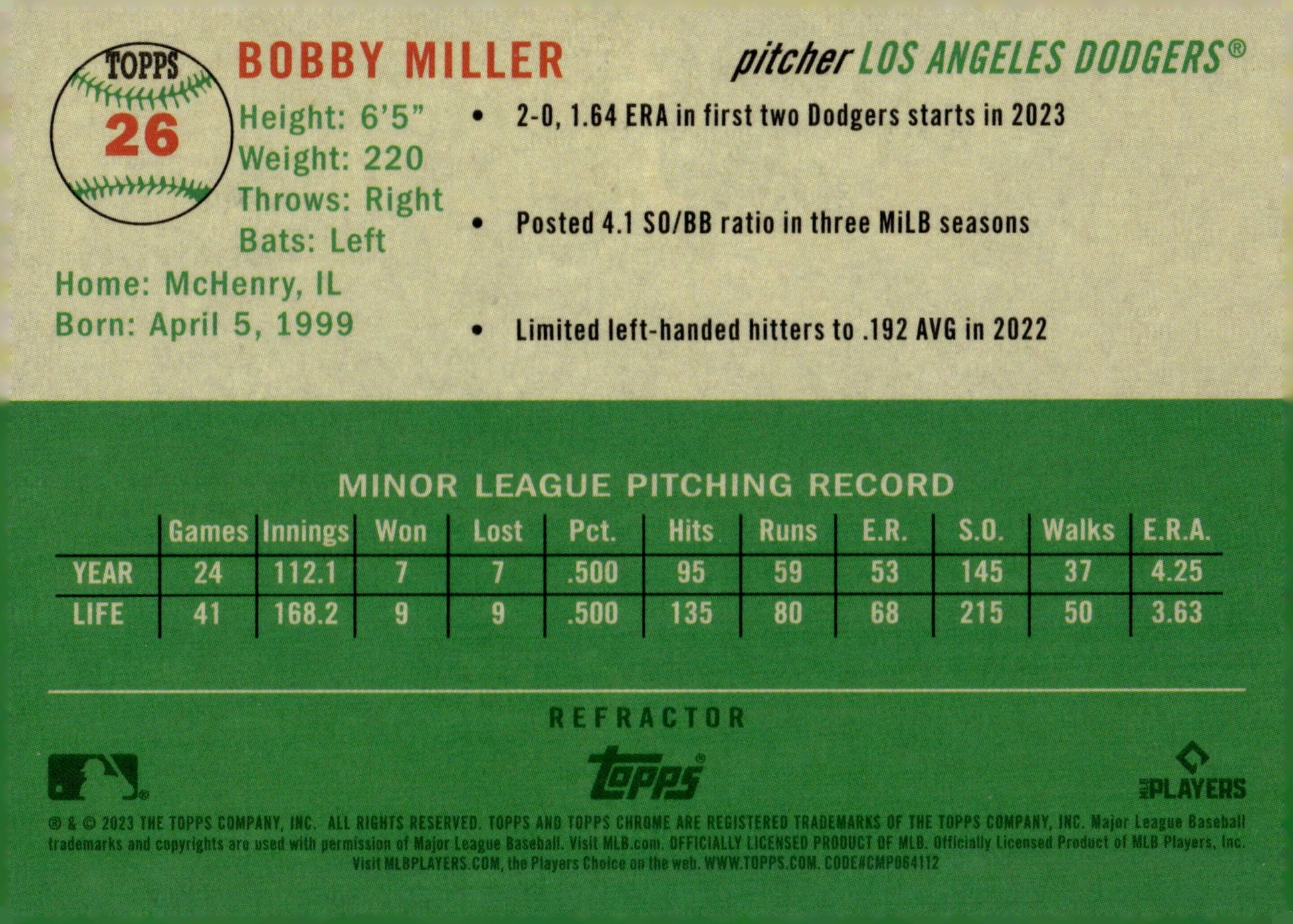 Bobby Miller 2023 Topps Chrome Platinum Refractor RC 26 - Collector Store LLC