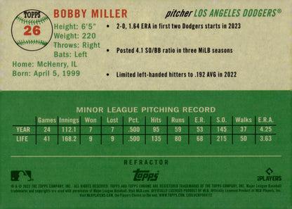 Bobby Miller 2023 Topps Chrome Platinum Refractor RC 26 - Collector Store LLC