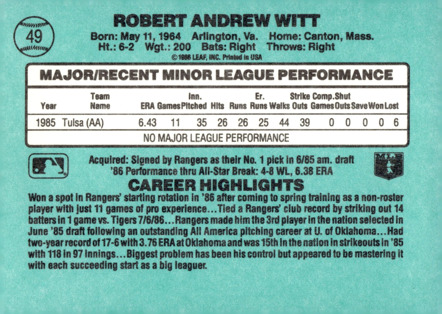 Bobby Witt 1986 Donruss The Rookies RC #49 - Collector Store LLC