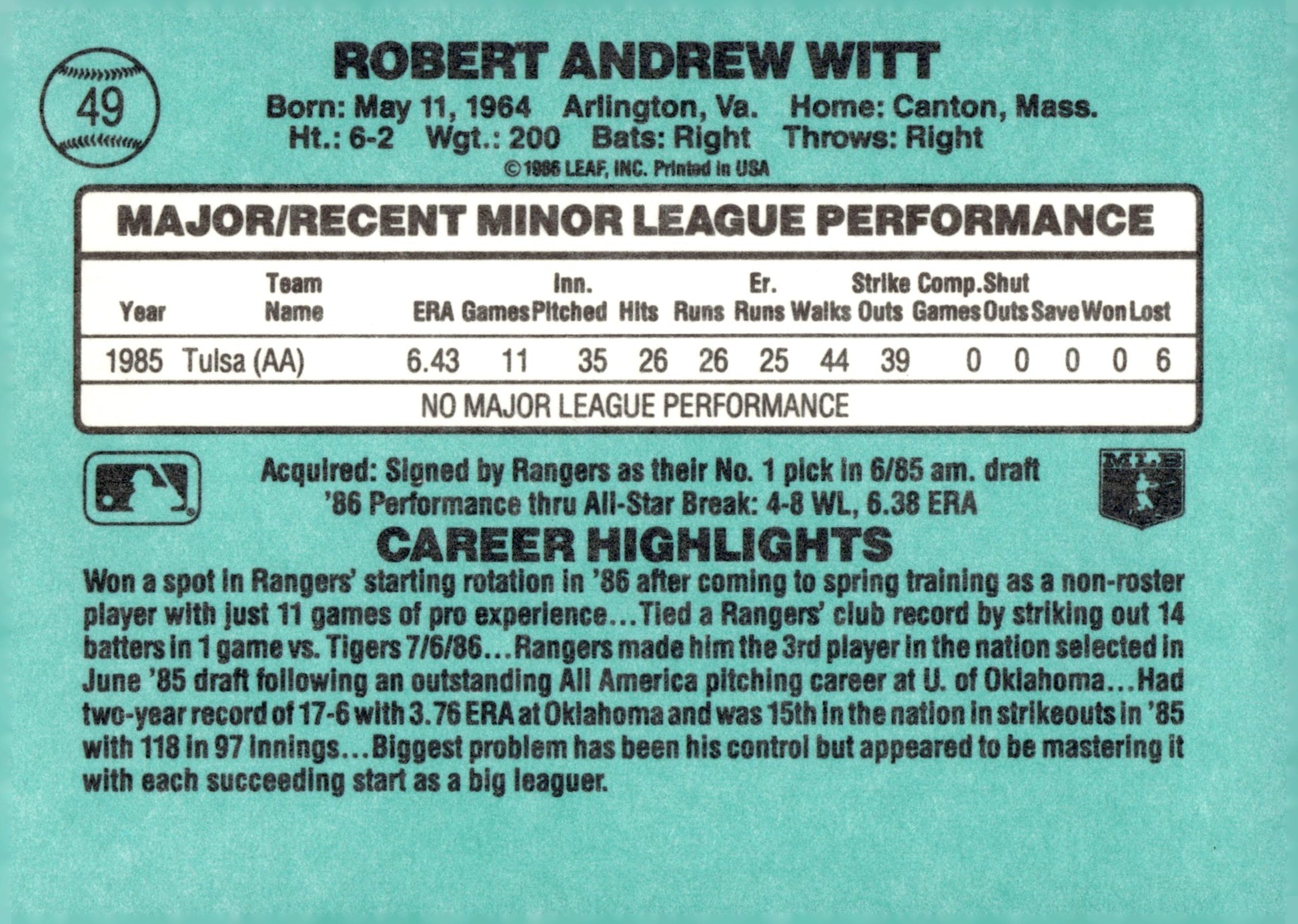Bobby Witt 1986 Donruss The Rookies RC #49 - Collector Store LLC