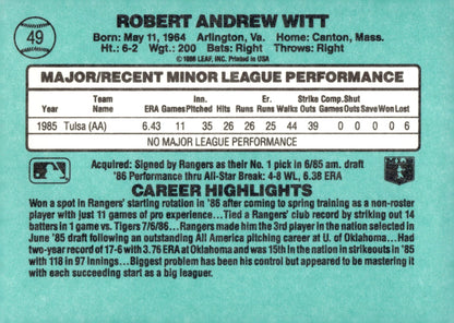 Bobby Witt 1986 Donruss The Rookies RC #49 - Collector Store LLC