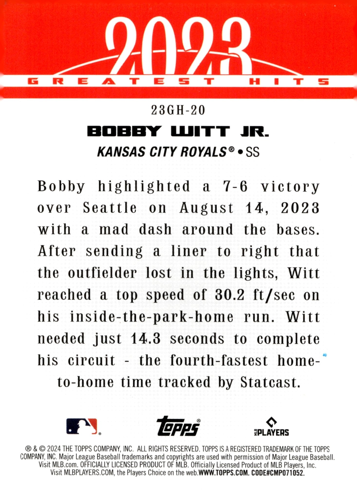 Bobby Witt Jr. 2024 Topps Series 1 2023 Greatest Hits 23GH - 20 - Collector Store LLC