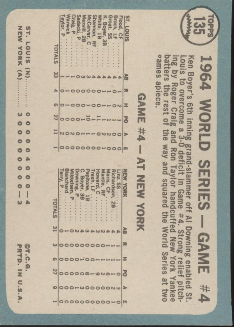 Boyer's Grand Slam 1965 Topps Ken Boyer 135 St. Louis Cardinals EX - Collector Store LLC