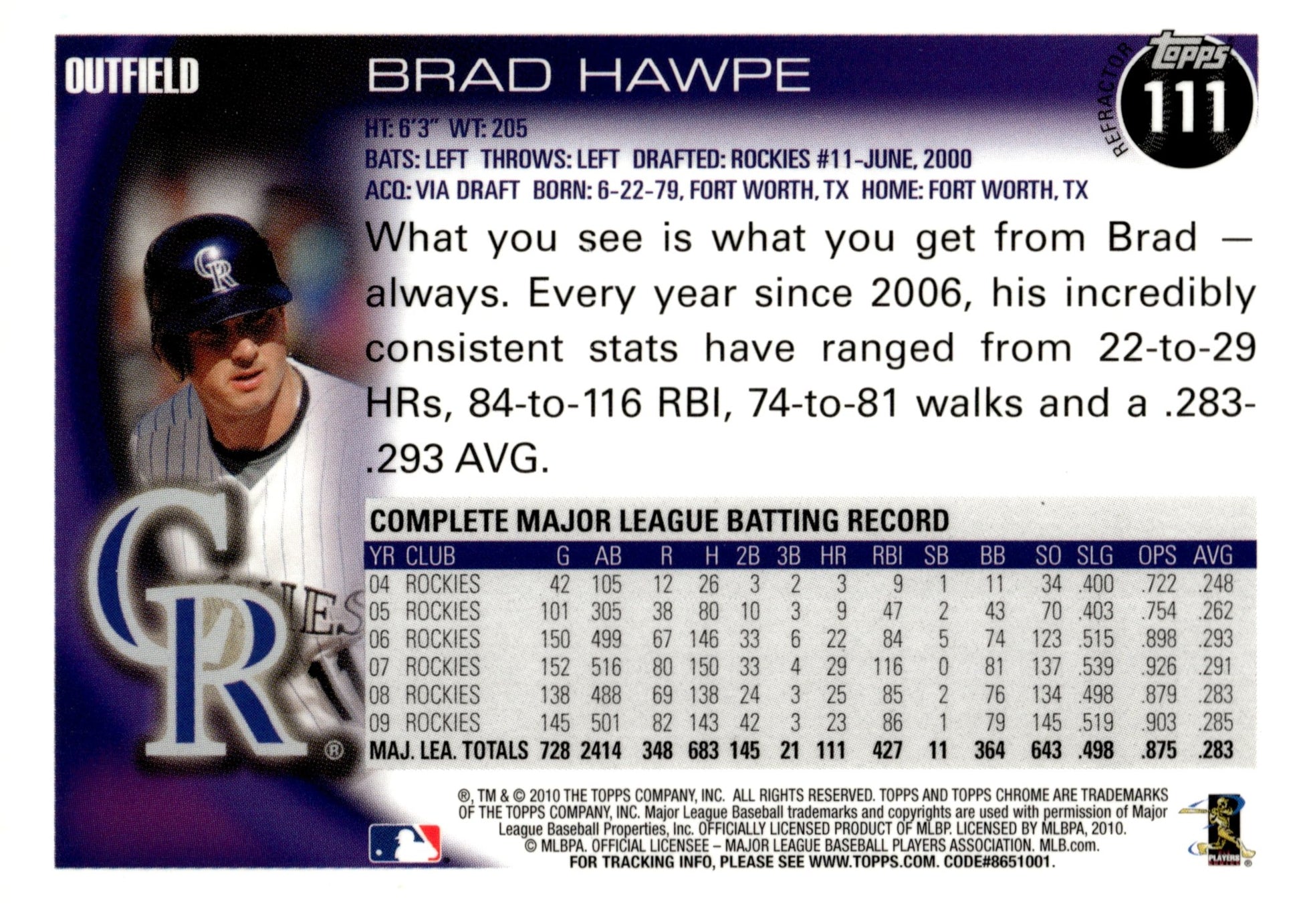 Brad Hawpe 2010 Topps Chrome Refractor 111 - Collector Store LLC