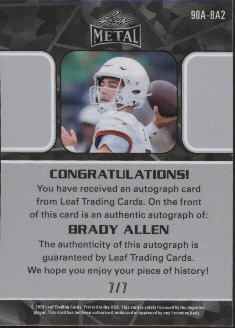 Brady Allen 2024 Leaf Metal Green Refractor Auto 7/7 90A - BA2 - Collector Store LLC