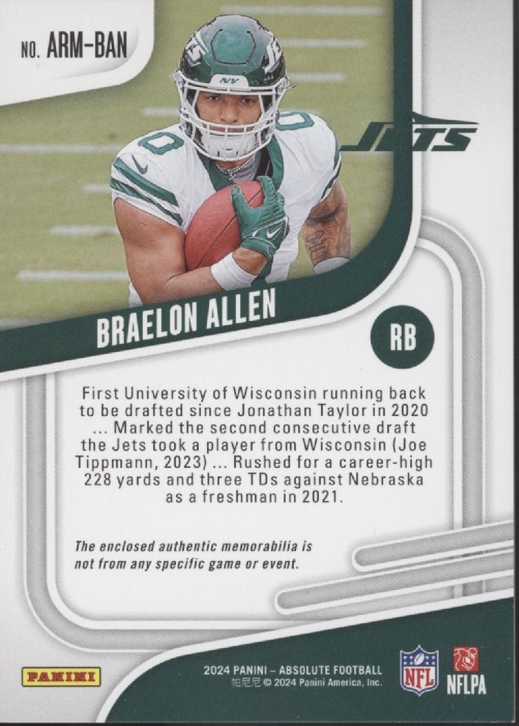 Braelon Allen 2024 Panini Absolute Swatch RC #ARM - BAN - Collector Store LLC