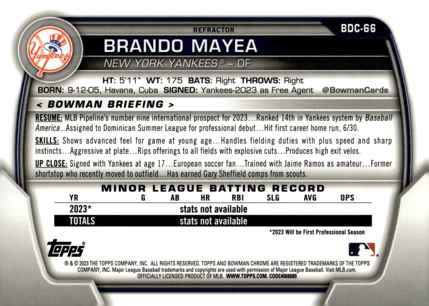 Brando Mayea 2023 Bowman Chrome Refractor BDC - 66 - Collector Store LLC