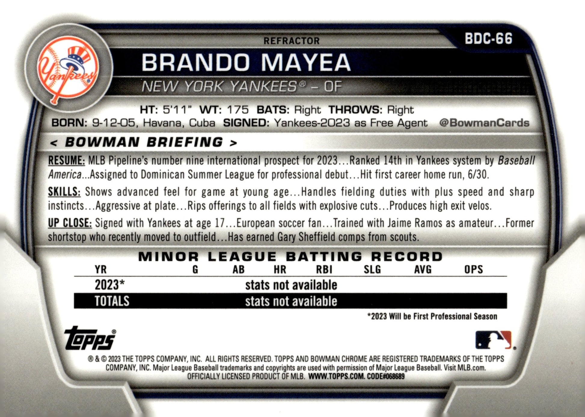 Brando Mayea 2023 Bowman Chrome Refractor BDC - 66 - Collector Store LLC