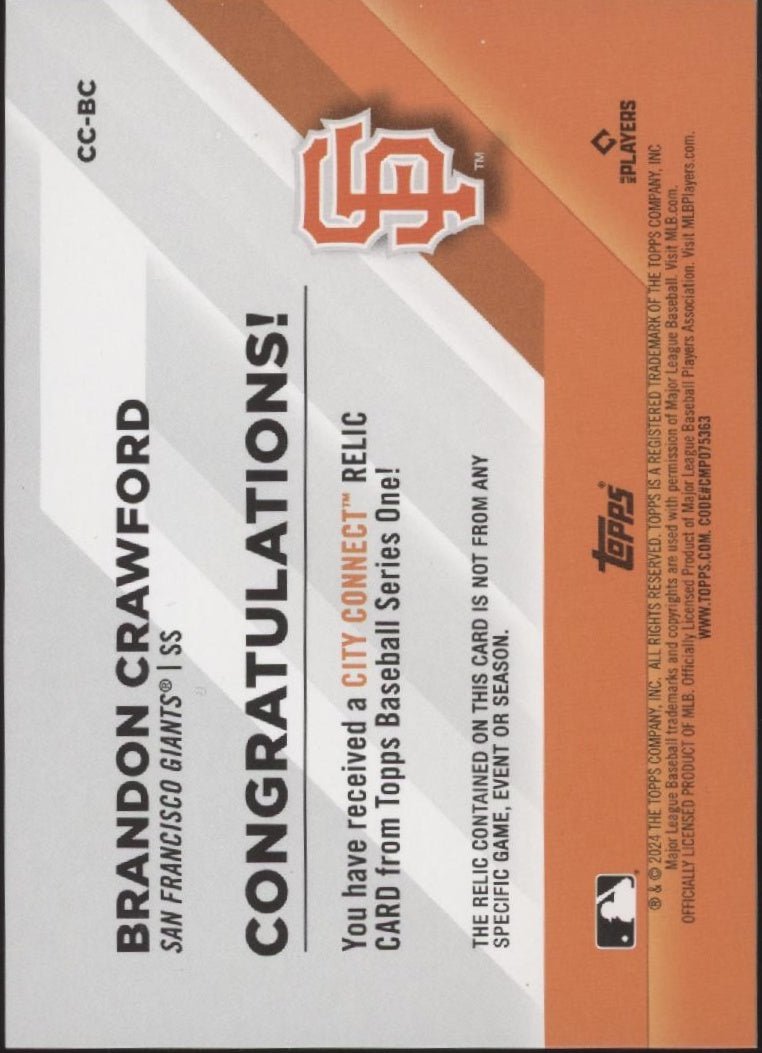 Brandon Crawford 2024 Topps Series 1 City Connection Swatch 173/199 #CC - BC - Collector Store LLC