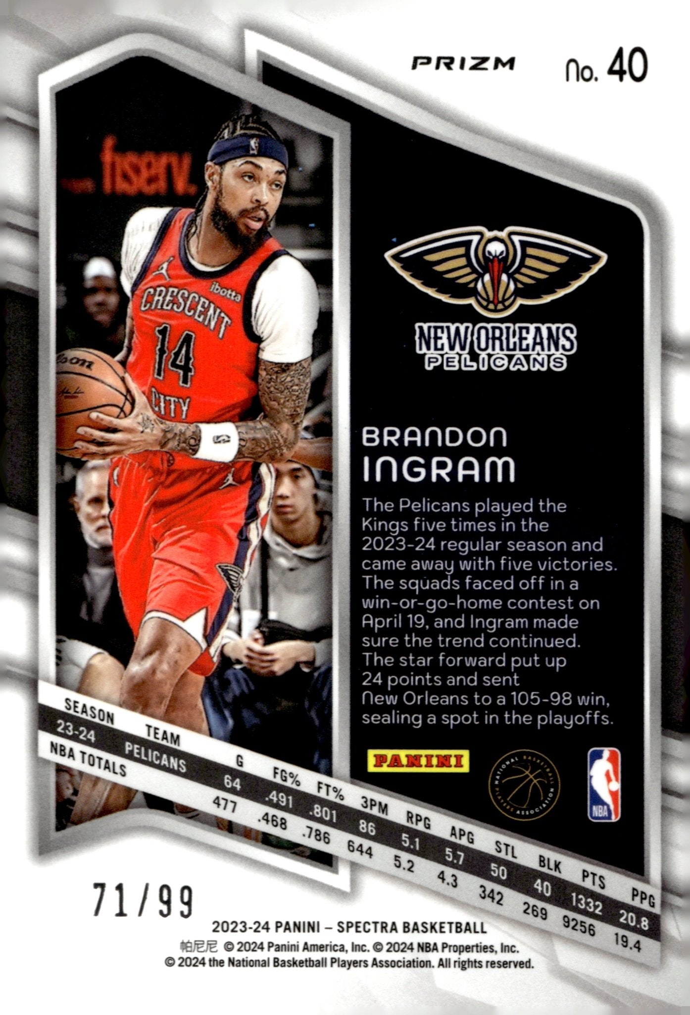 Brandon Ingram 2023 - 24 Panini Spectra Interstellar Prizm 71/99 #40 - Collector Store LLC