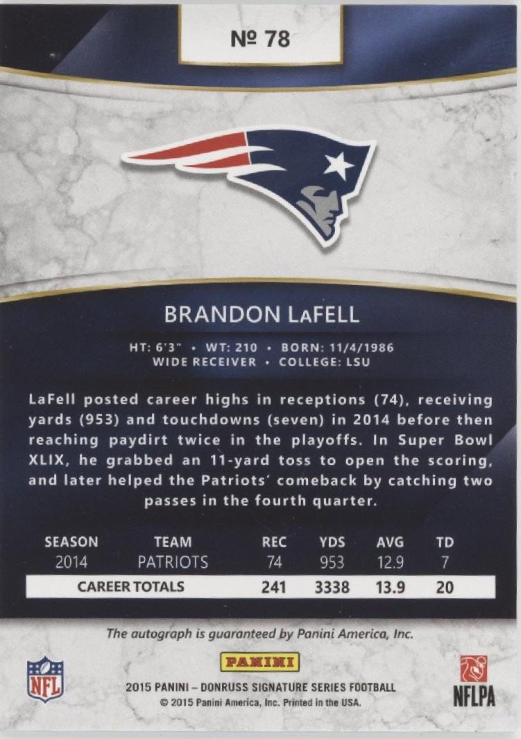 Brandon LaFell 2015 Panini Donruss Signature Series Auto #78 - Collector Store LLC